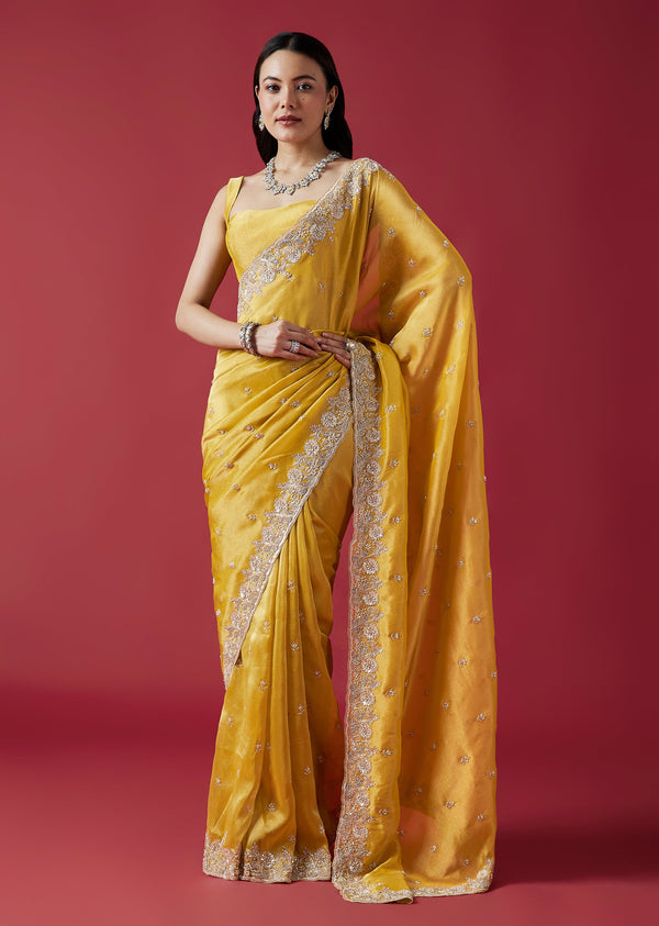 Mustard Yellow Embroidered Tissue Silk Saree With Cutwork Border