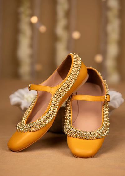 Mustard Yellow Faux Leather Bead Embellished Juttis