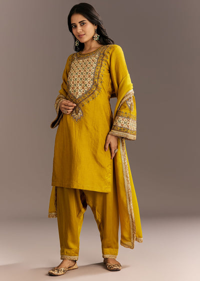 Mustard Yellow Silk Kurta Patiala With Gotta Lace Dupatta