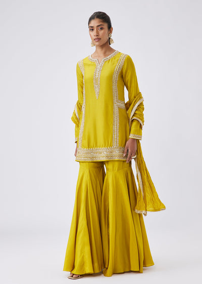 Mustard Yellow Silk Sharara Suit With Zari And Moti Embroidery