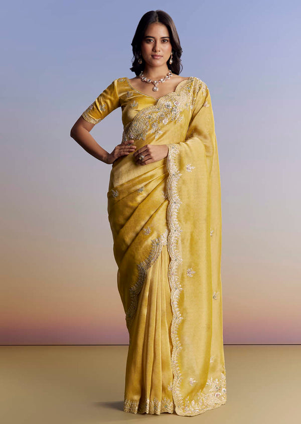 Mustard Yellow Tissue Saree With Zardosi Embroidery