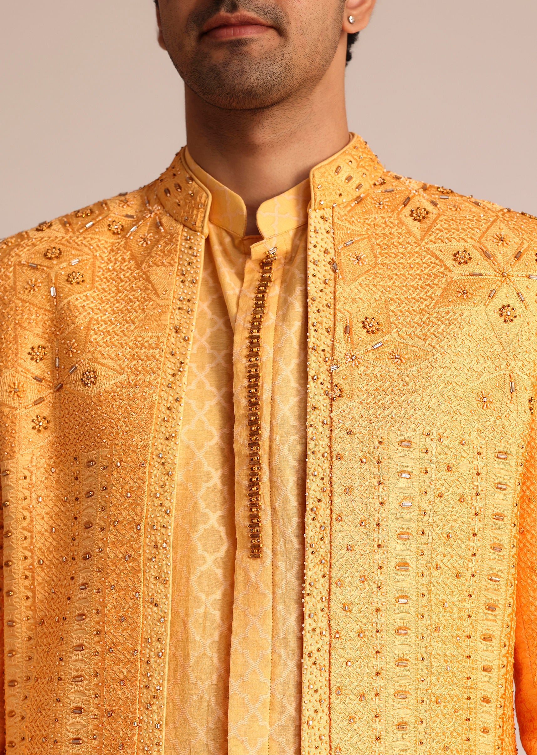 Mustard Yellow Silk Indo Western Set With Zardosi Work