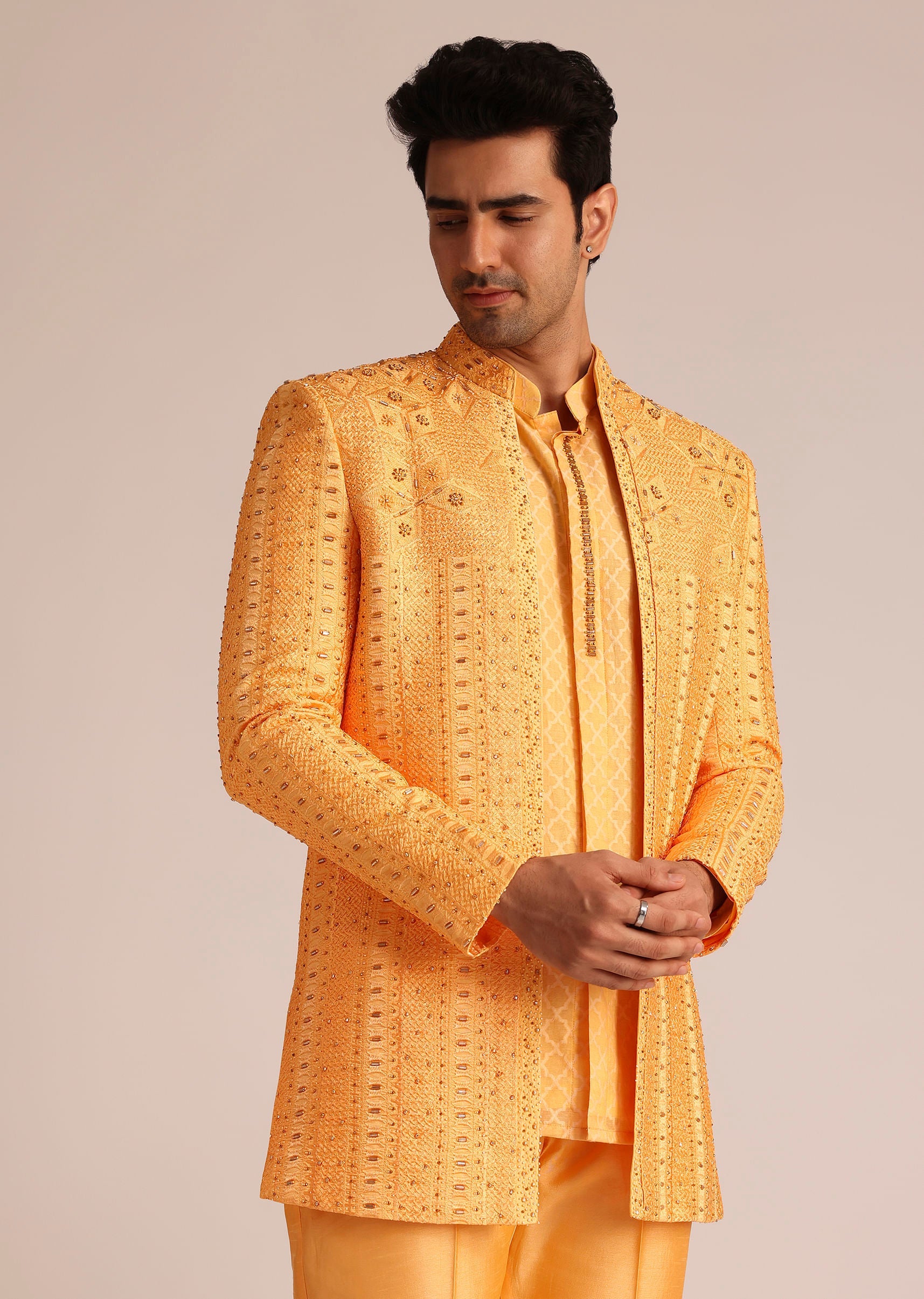 Mustard Yellow Silk Indo Western Set With Zardosi Work
