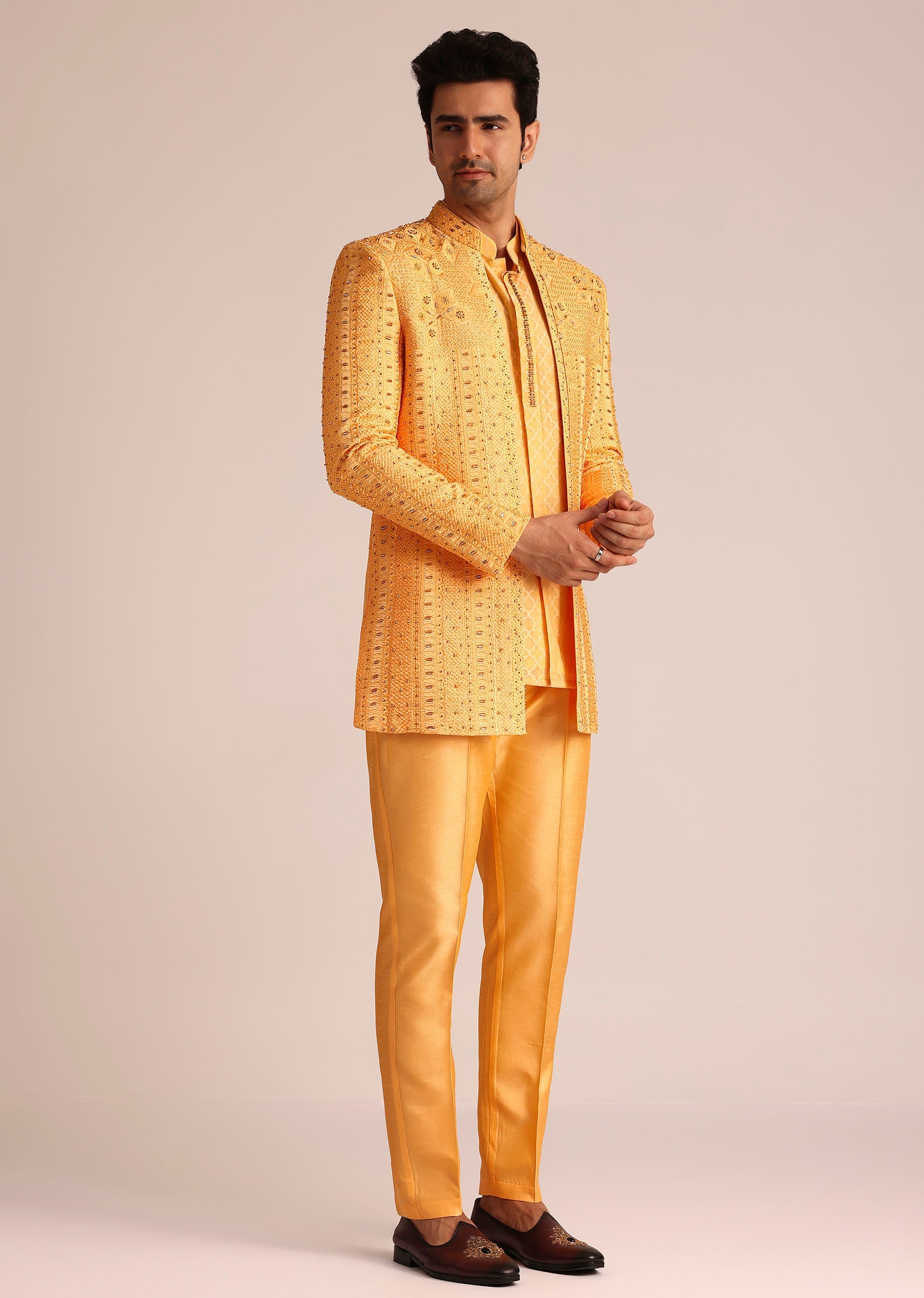Mustard Yellow Silk Indo Western Set With Zardosi Work