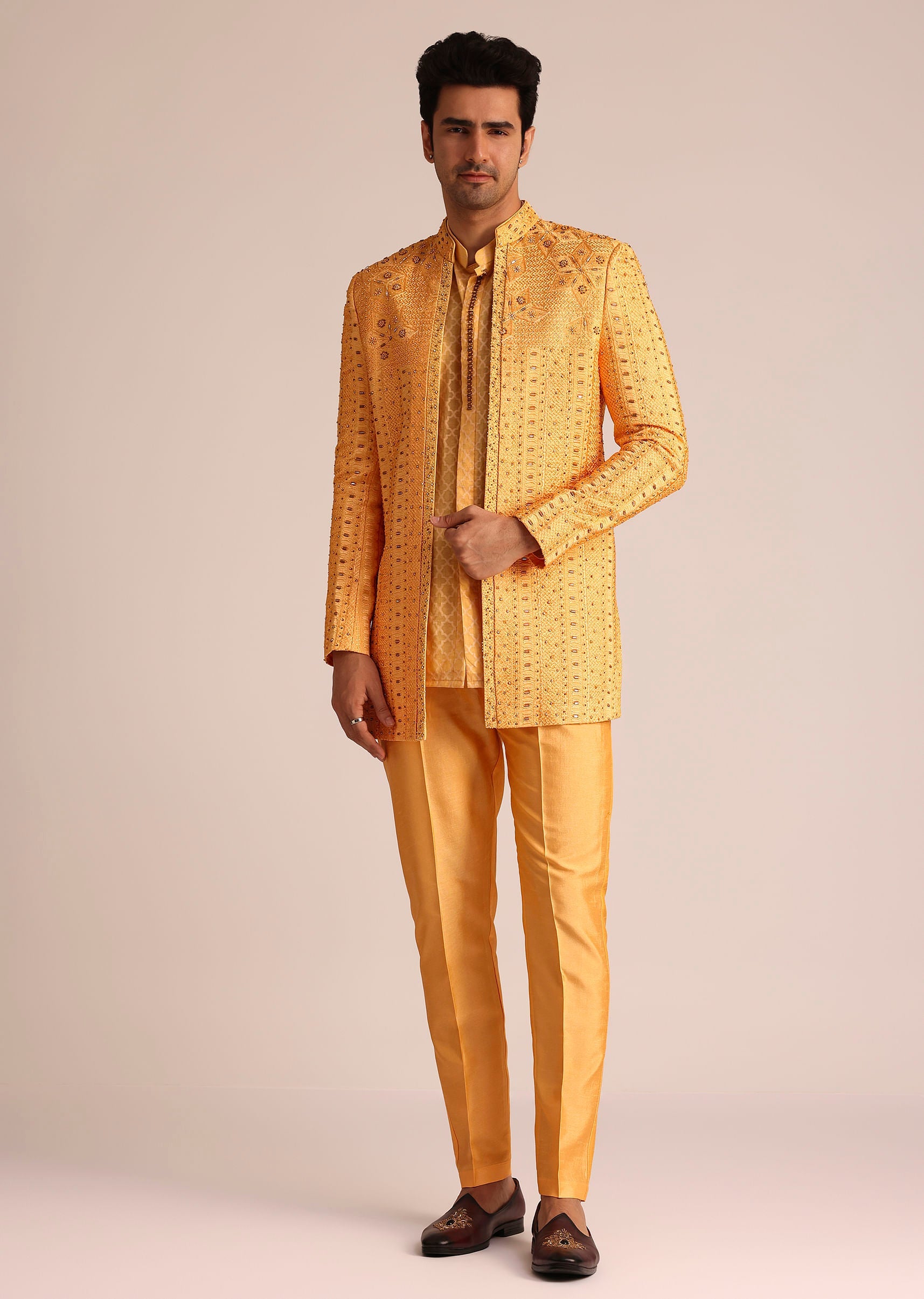 Mustard Yellow Silk Indo Western Set With Zardosi Work