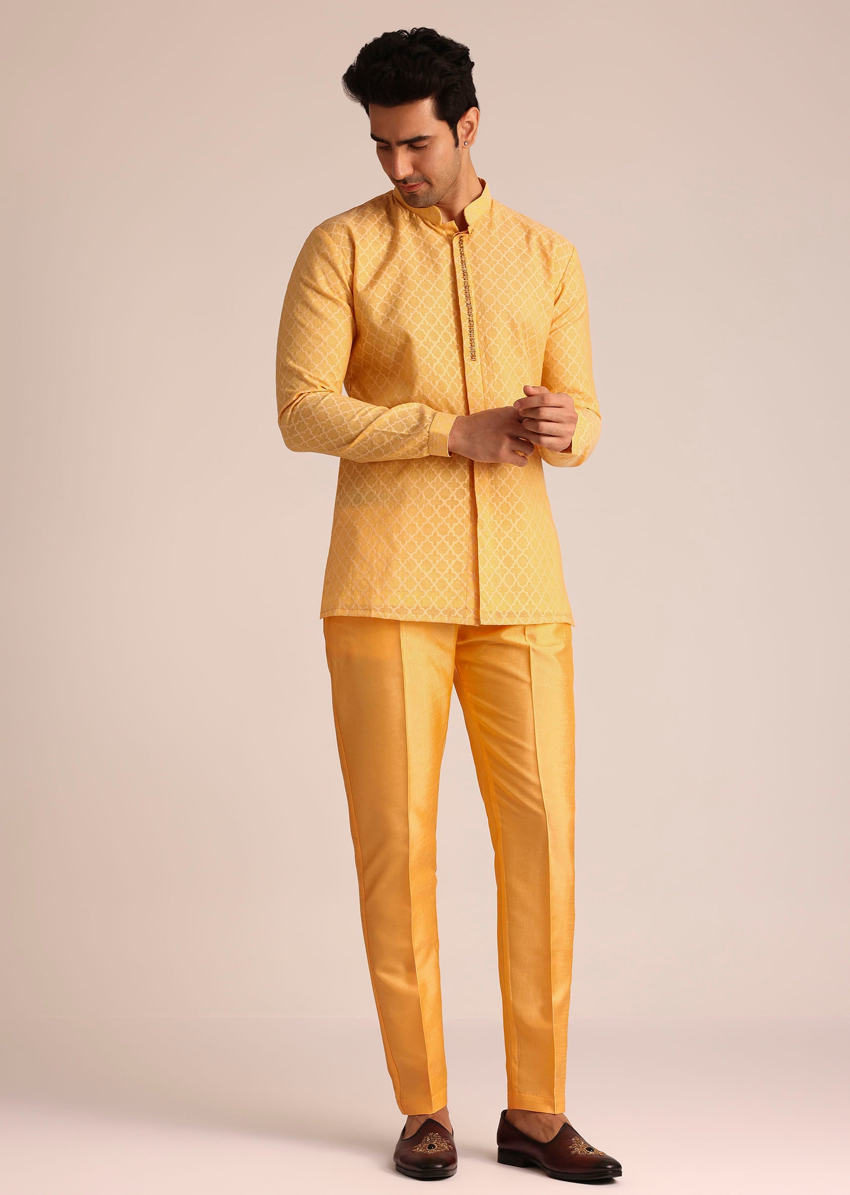 Mustard Yellow Silk Indo Western Set With Zardosi Work