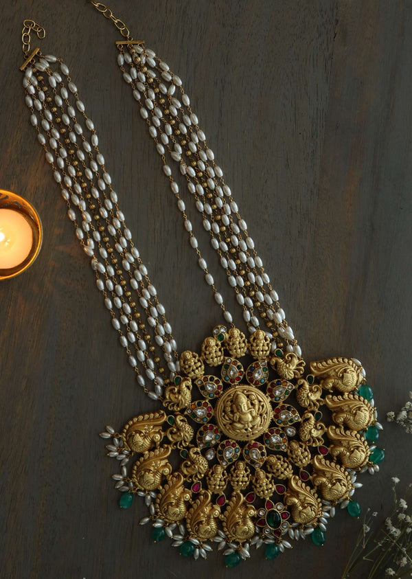 Navrattan Studded Gold Plated Necklace With Temple Work
