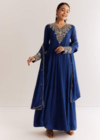 Navy Blue Chinon Anarkali Set With Cutdana Moti And Gotta Lace Dupatta