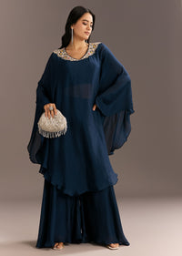 Navy Blue Chinon Cape Style Kurta With Zardosi Neckline