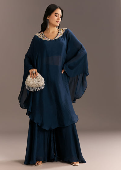 Navy Blue Chinon Cape Style Kurta With Zardosi Neckline