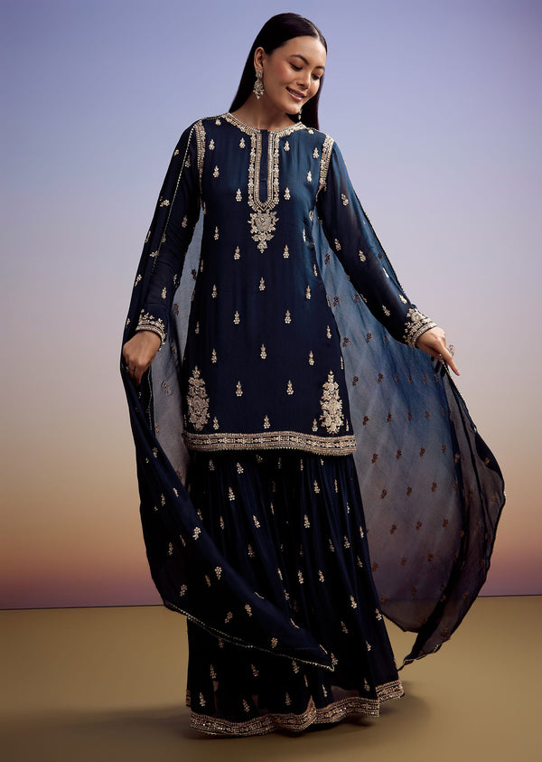 Navy Blue Chinon Sharara Suit With Cut Dana And Sequins Work