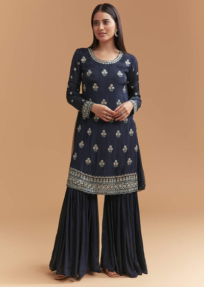 Navy Blue Chinon Sharara Suit With Heavy Cutdana Embroidery