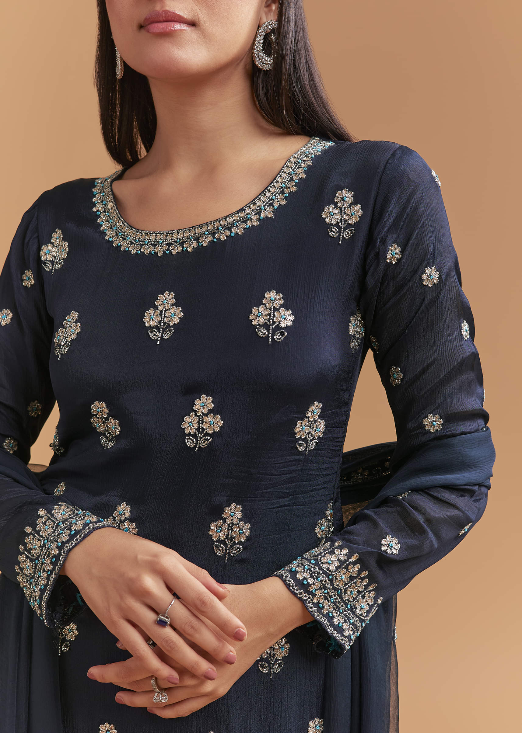 Navy Blue Chinon Sharara Suit With Heavy Cutdana Embroidery