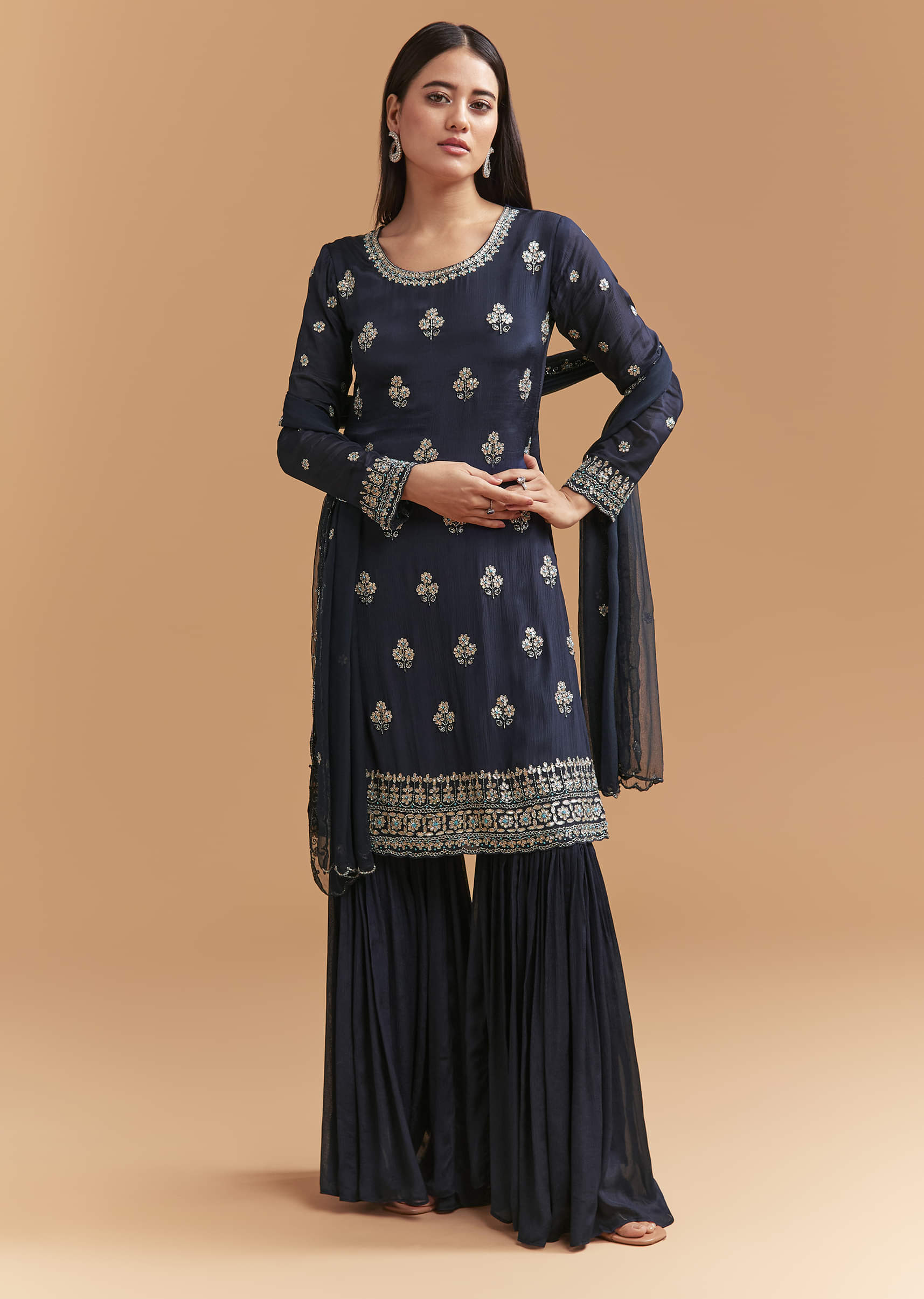 Navy Blue Chinon Sharara Suit With Heavy Cutdana Embroidery