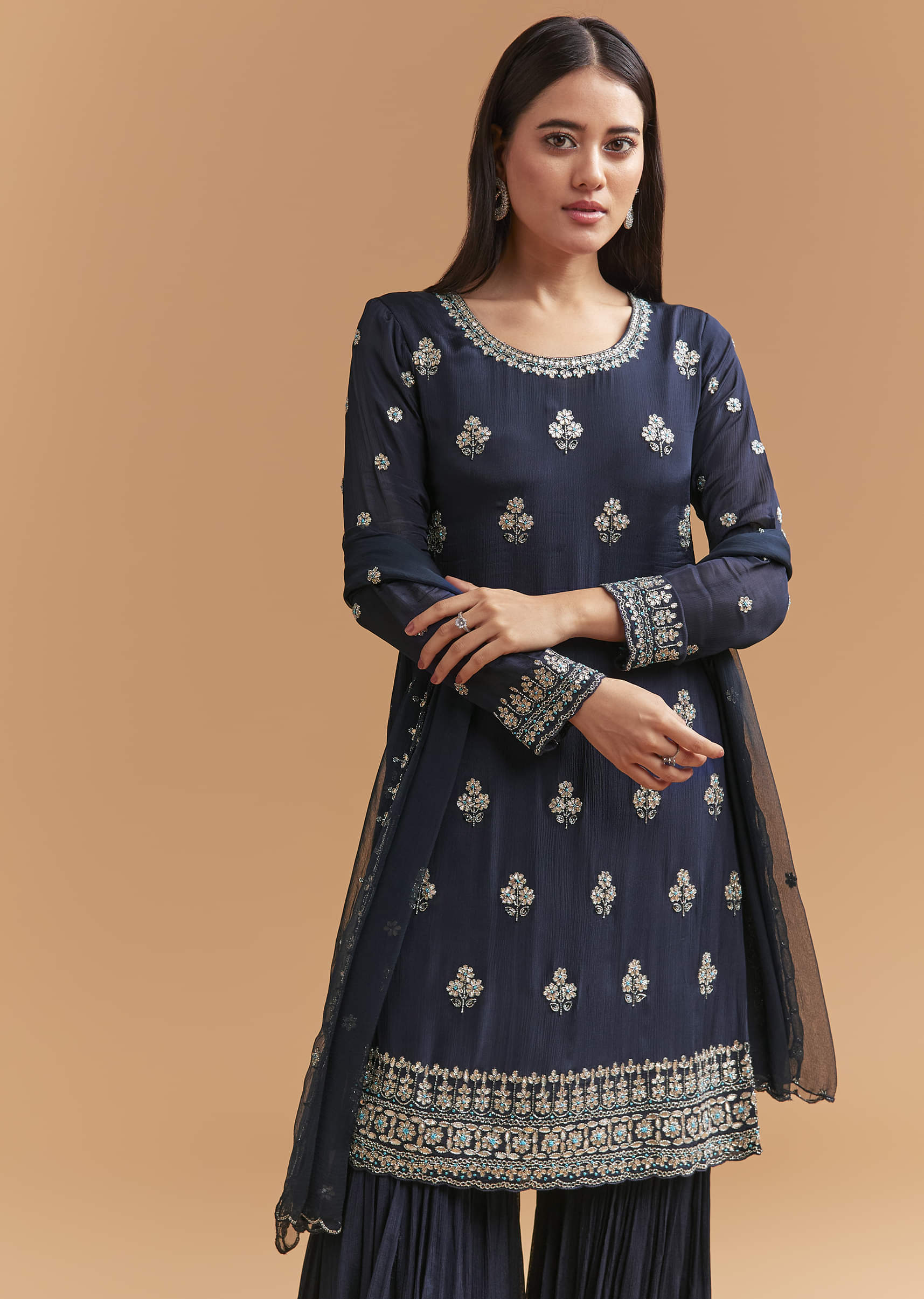 Navy Blue Chinon Sharara Suit With Heavy Cutdana Embroidery