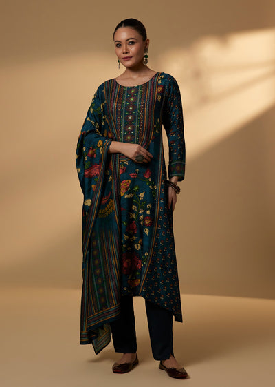 Navy Blue Cotton Kurta Set With Kalamkari Print