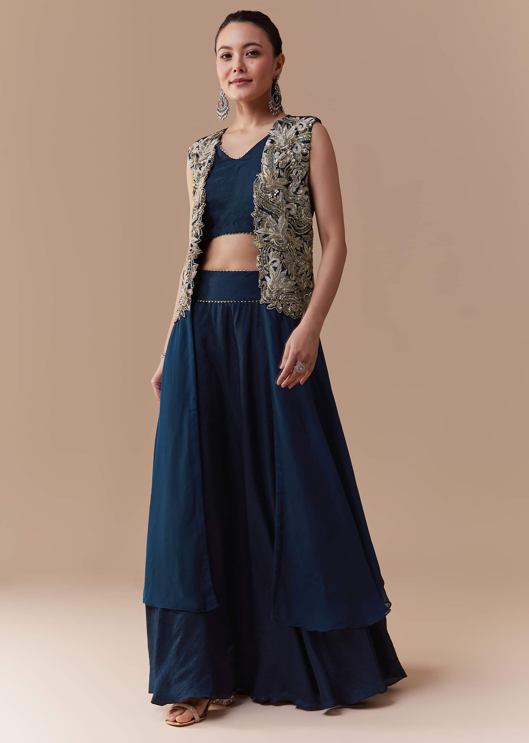 Navy Blue Crop Top Silk Skirt Set with Zari Jacket