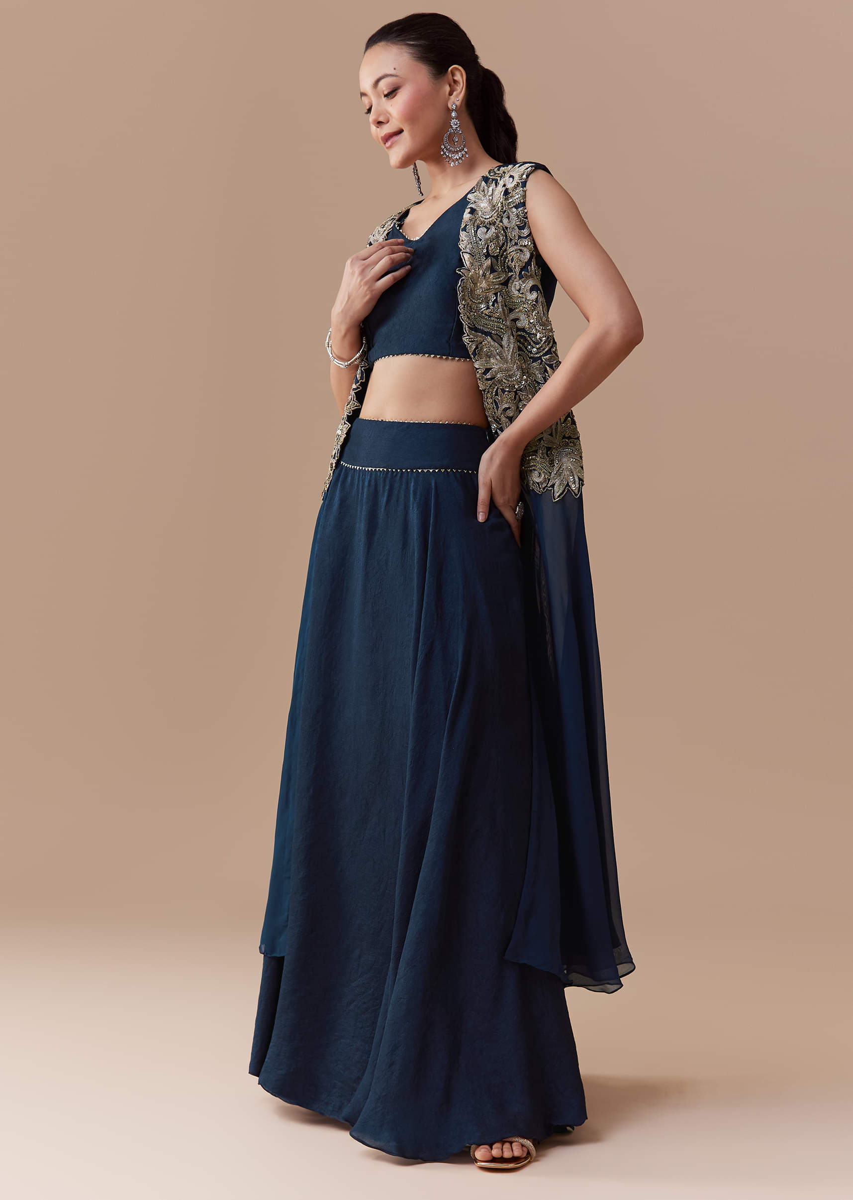 Navy Blue Crop Top Silk Skirt Set with Zari Jacket