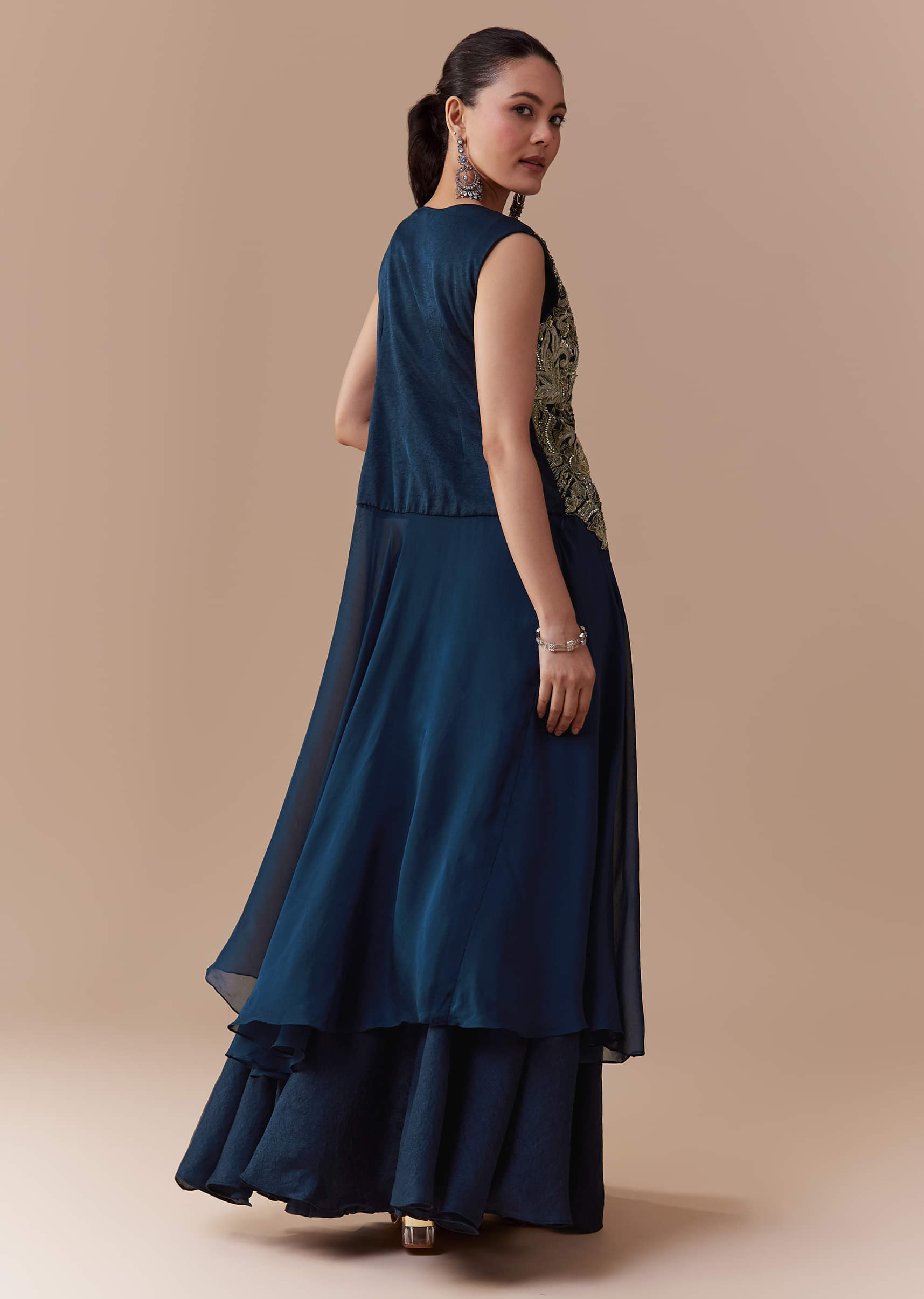 Navy Blue Crop Top Silk Skirt Set with Zari Jacket