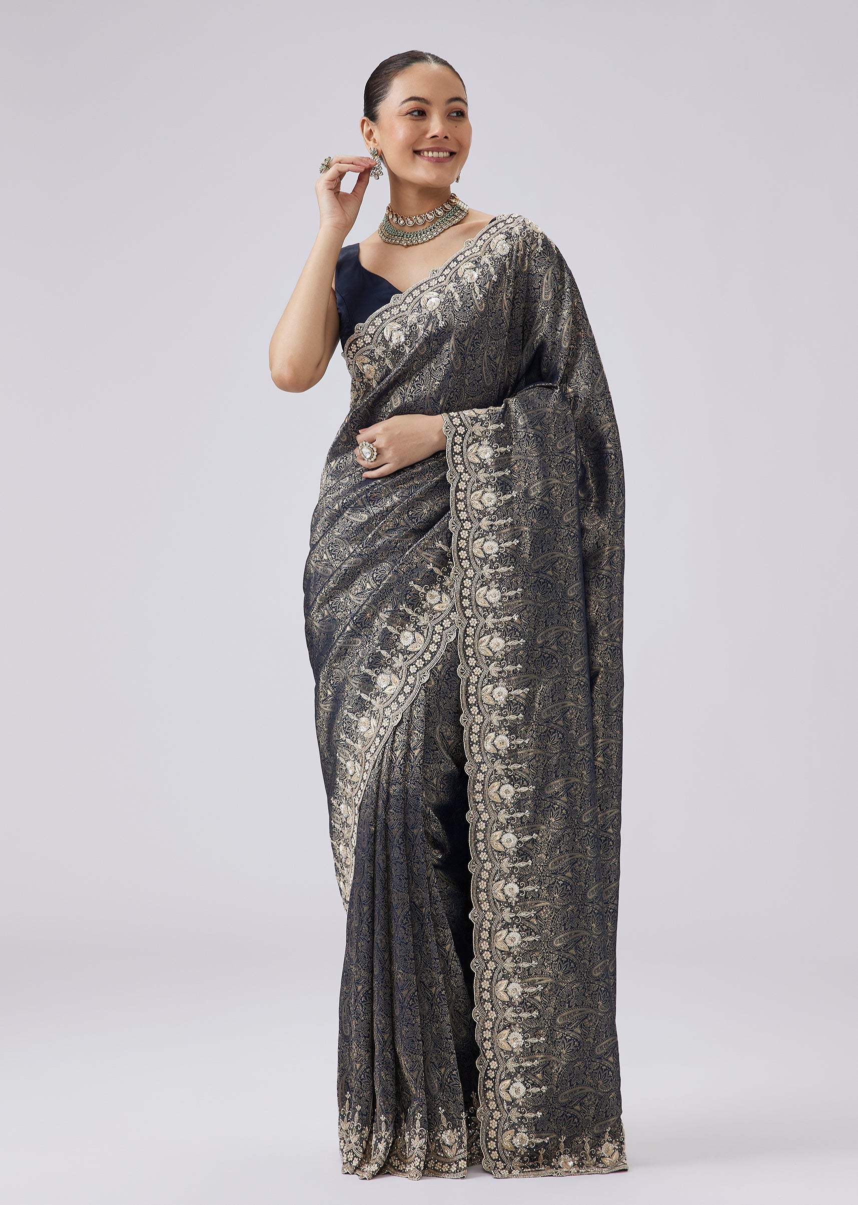 Navy Blue Dola Silk Brocade Saree With Zari Embroidery