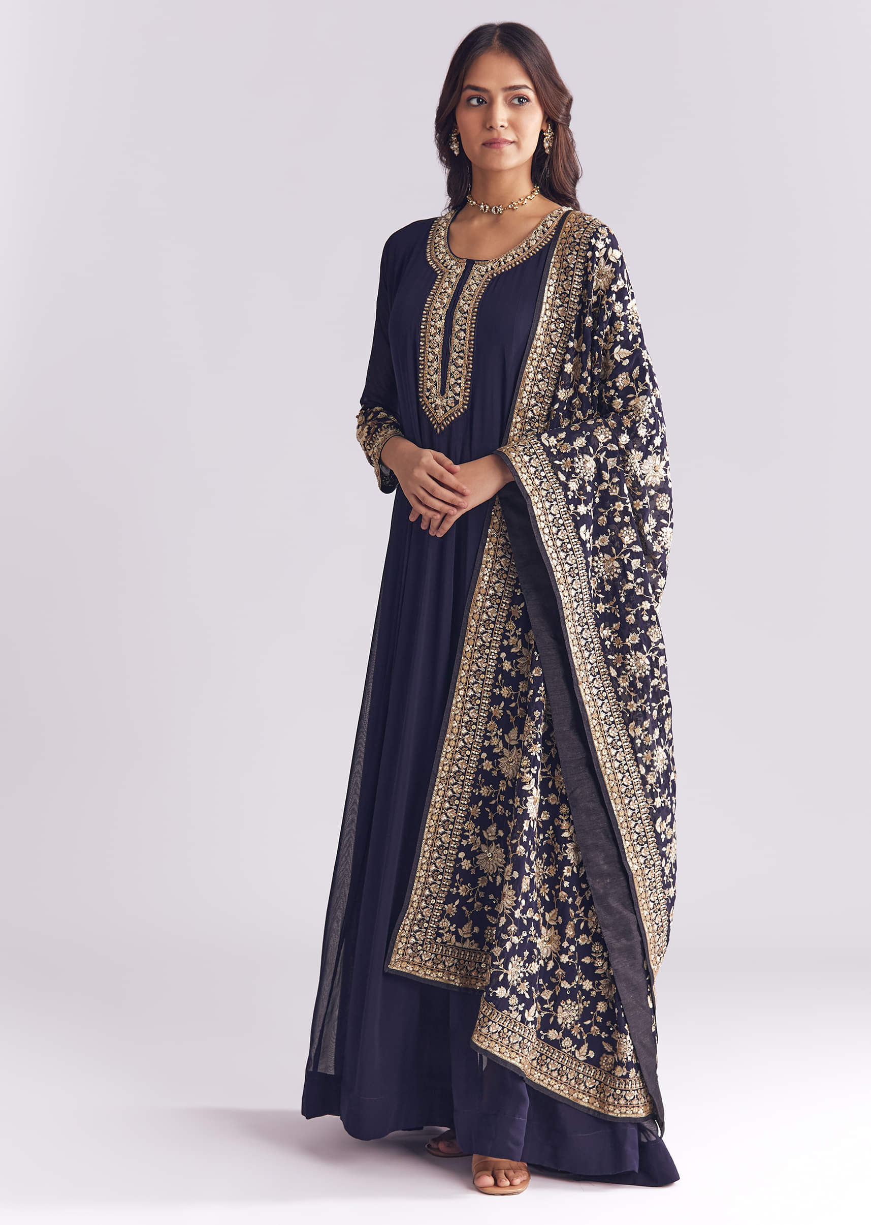 Navy Blue Georgette Anarkali Suit With Thread And Sequins Embroidery