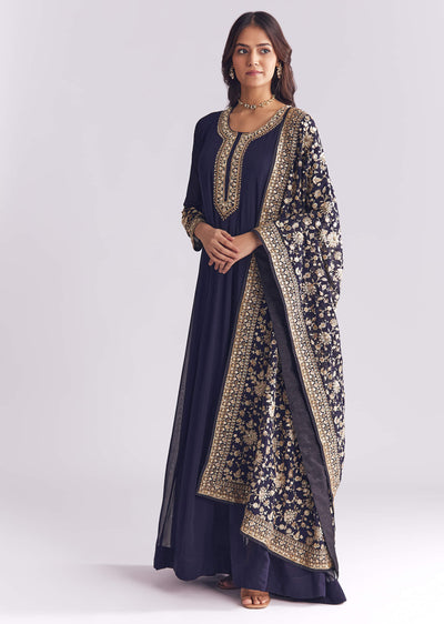 Navy Blue Georgette Anarkali Suit With Thread And Sequins Embroidery