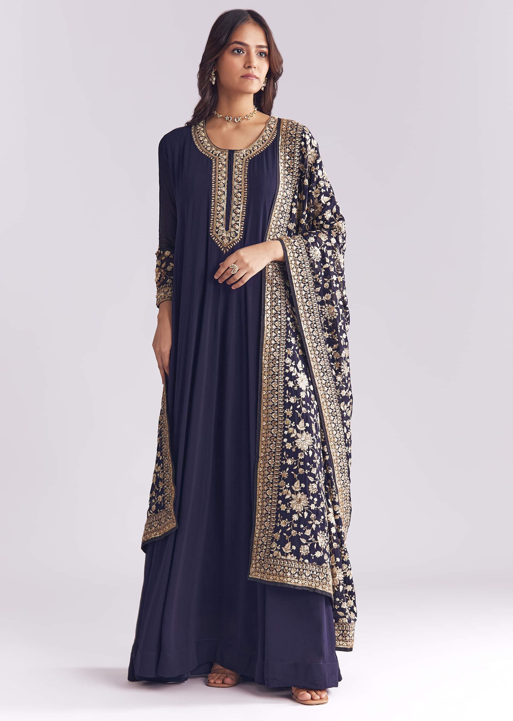 Navy Blue Georgette Anarkali Suit With Thread And Sequins Embroidery