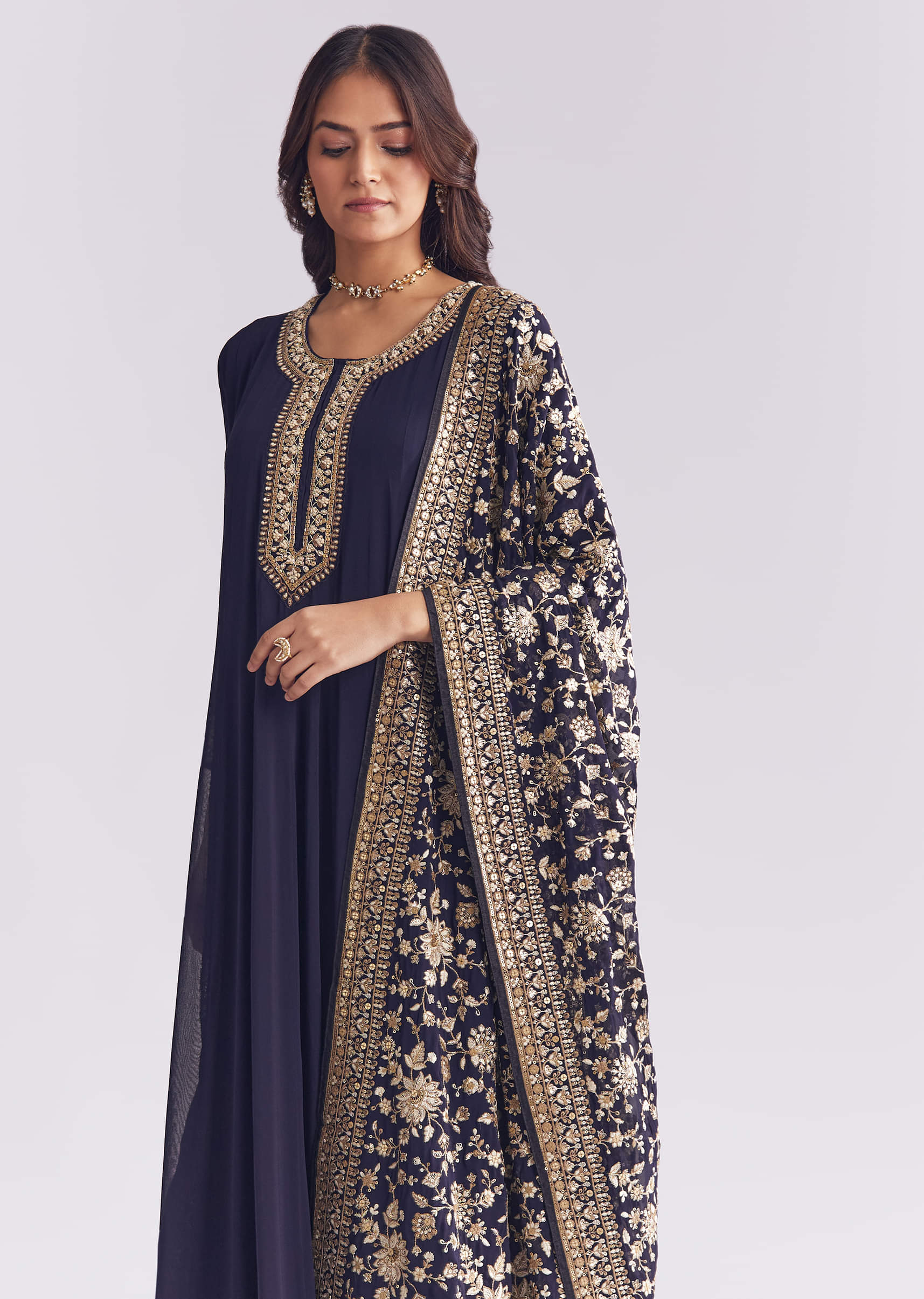 Navy Blue Georgette Anarkali Suit With Thread And Sequins Embroidery