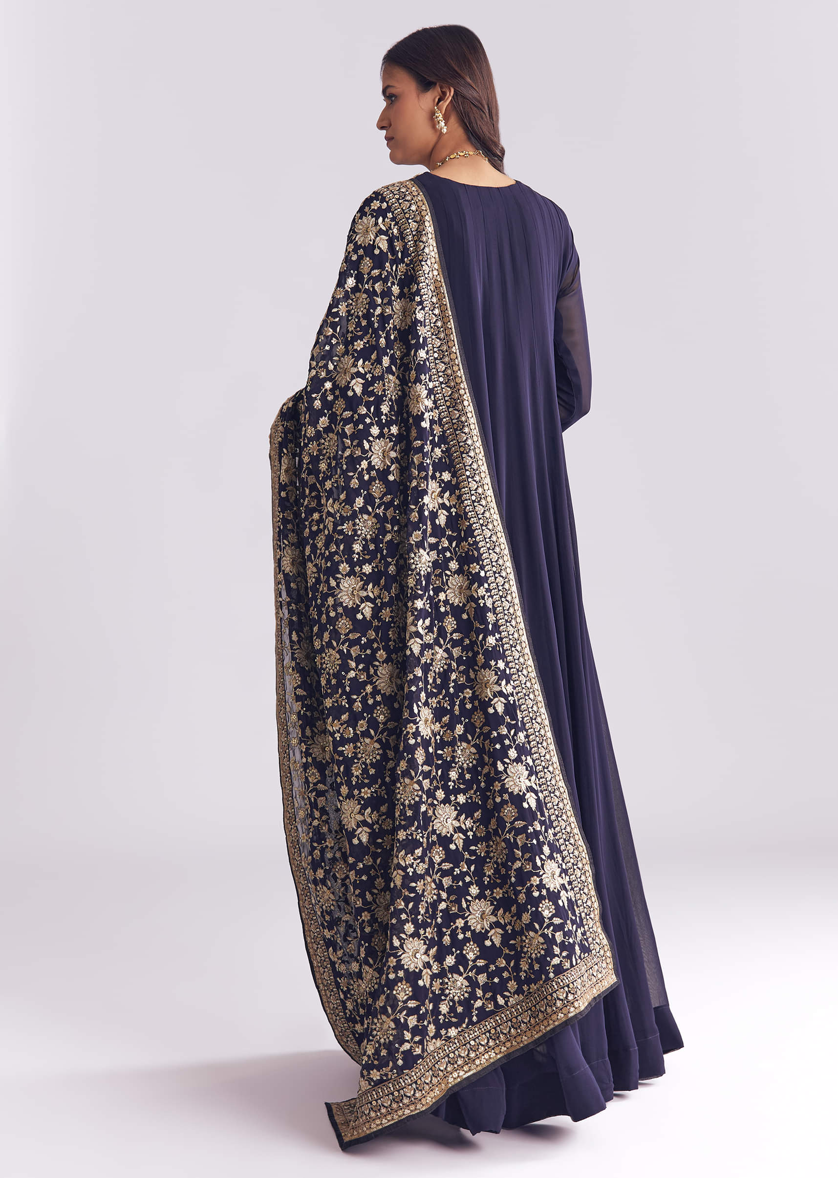 Navy Blue Georgette Anarkali Suit With Thread And Sequins Embroidery