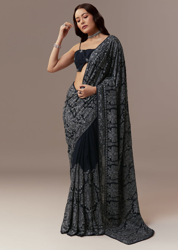 Navy Blue Georgette Saree With Resham Thread And Cutdana Embroidery