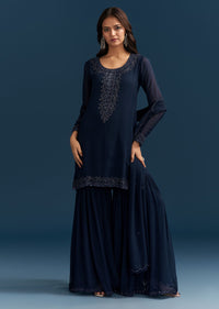 Navy Blue Georgette Sharara Suit With Embroidered Kurta And Dupatta