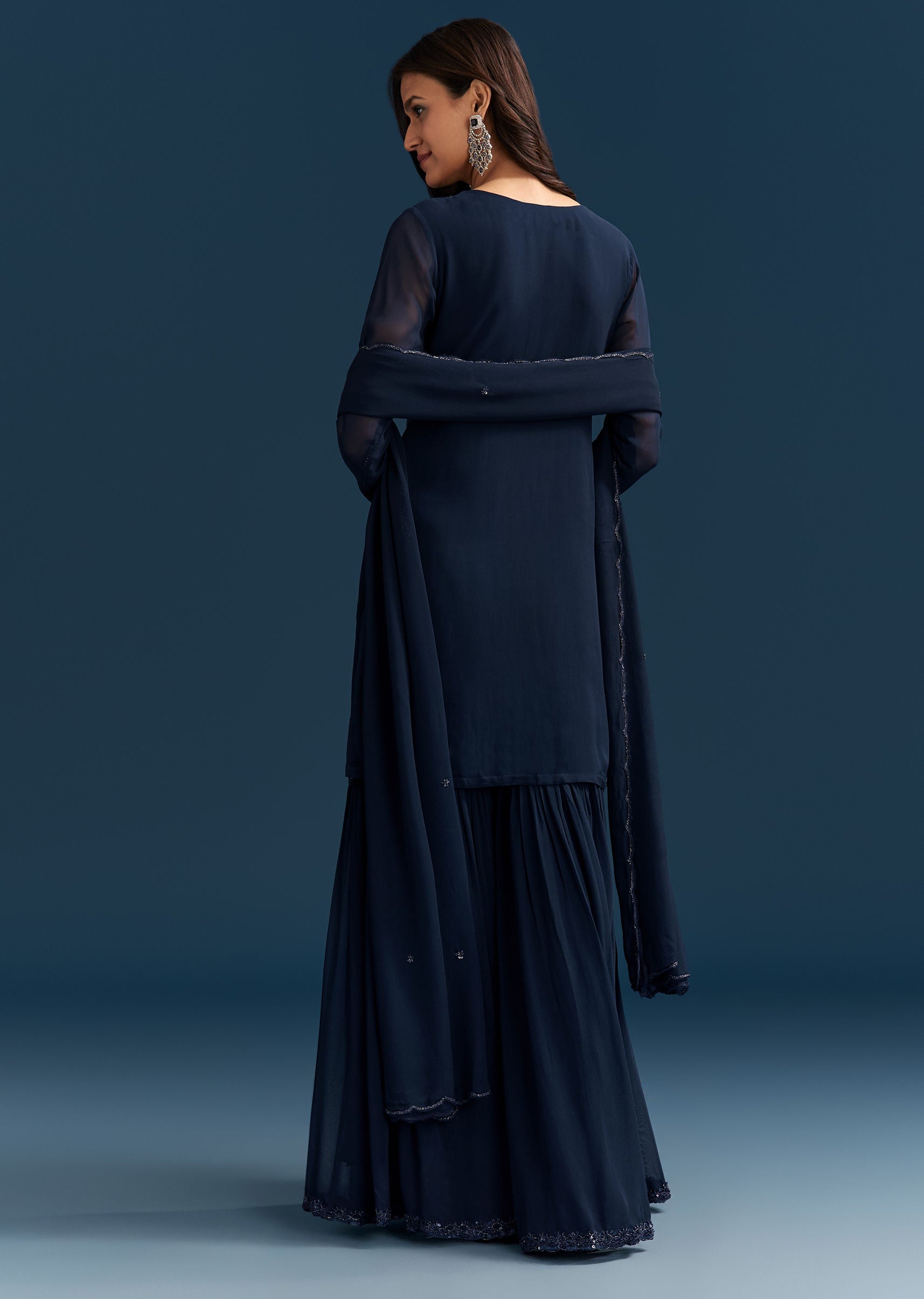 Navy Blue Georgette Sharara Suit With Embroidered Kurta And Dupatta