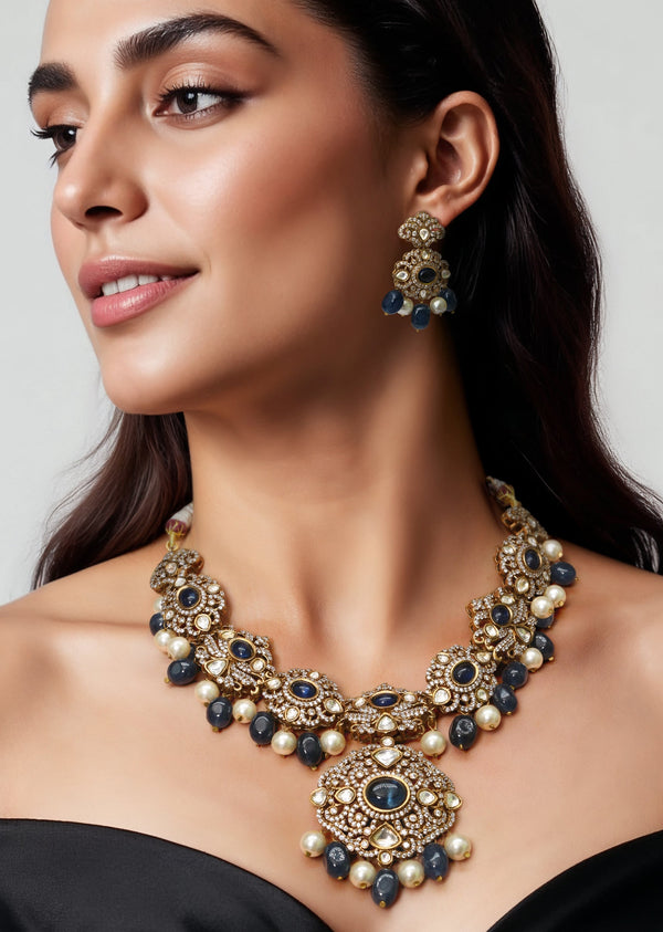 Navy Blue Modern Polki Pendant Necklace Set