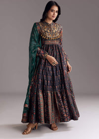 Navy Blue Printed Silk Anarkali With Dupatta