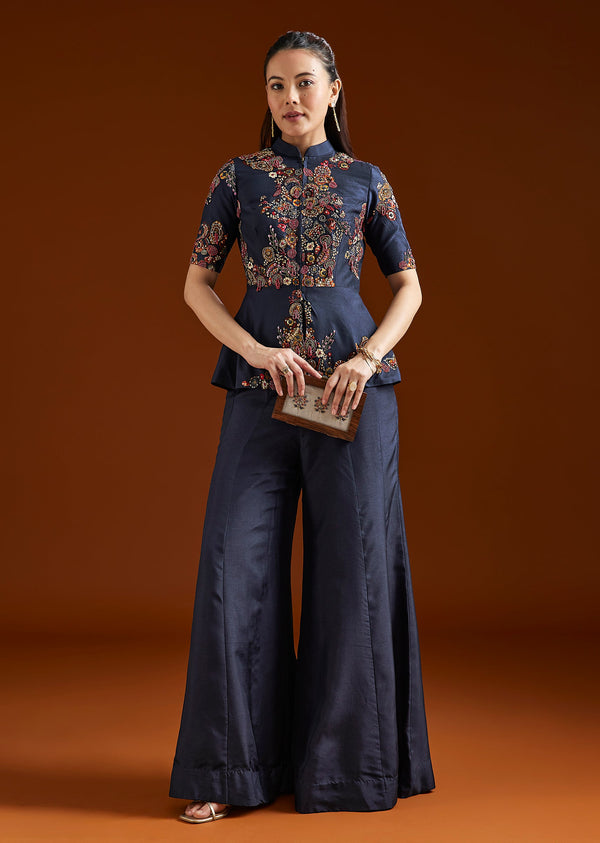Navy Blue Printed Silk Blend Peplum Palazzo Set