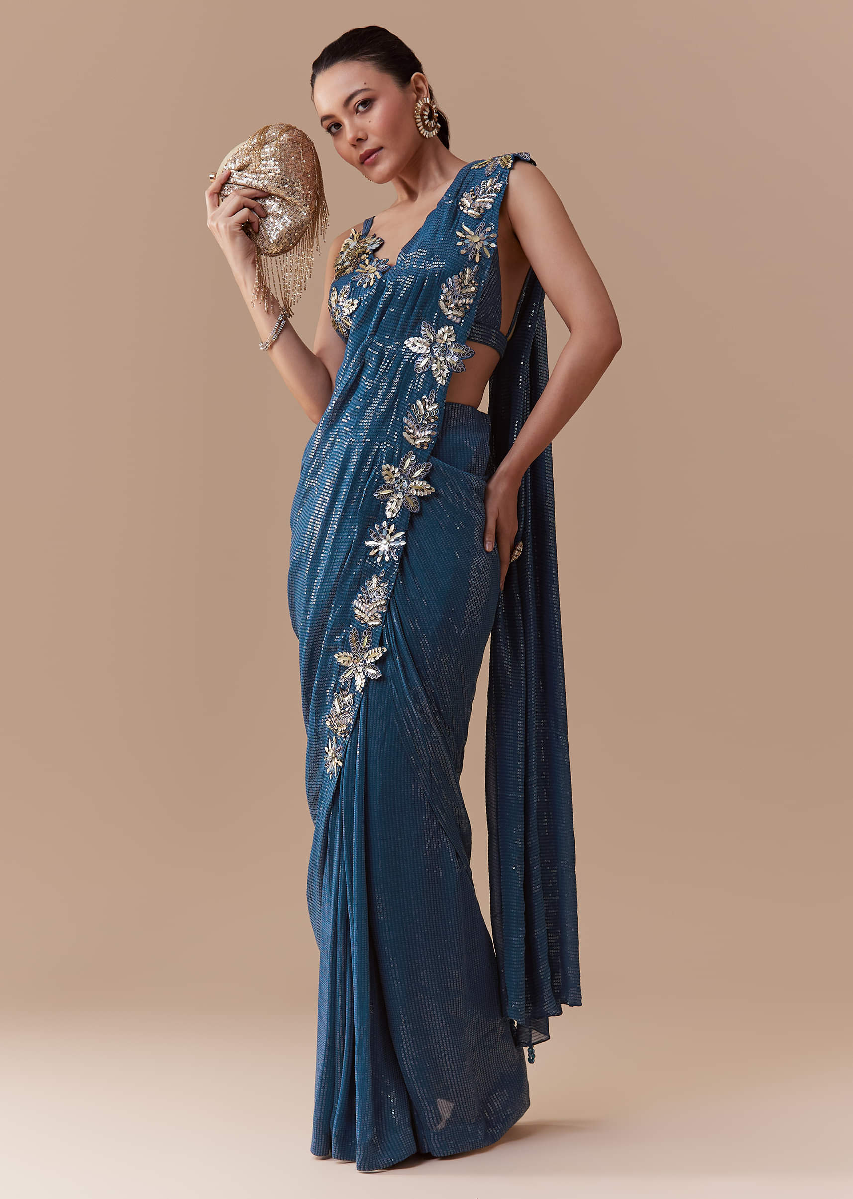 Navy Blue Ready Pleated Georgette Saree with Sequins Blouse