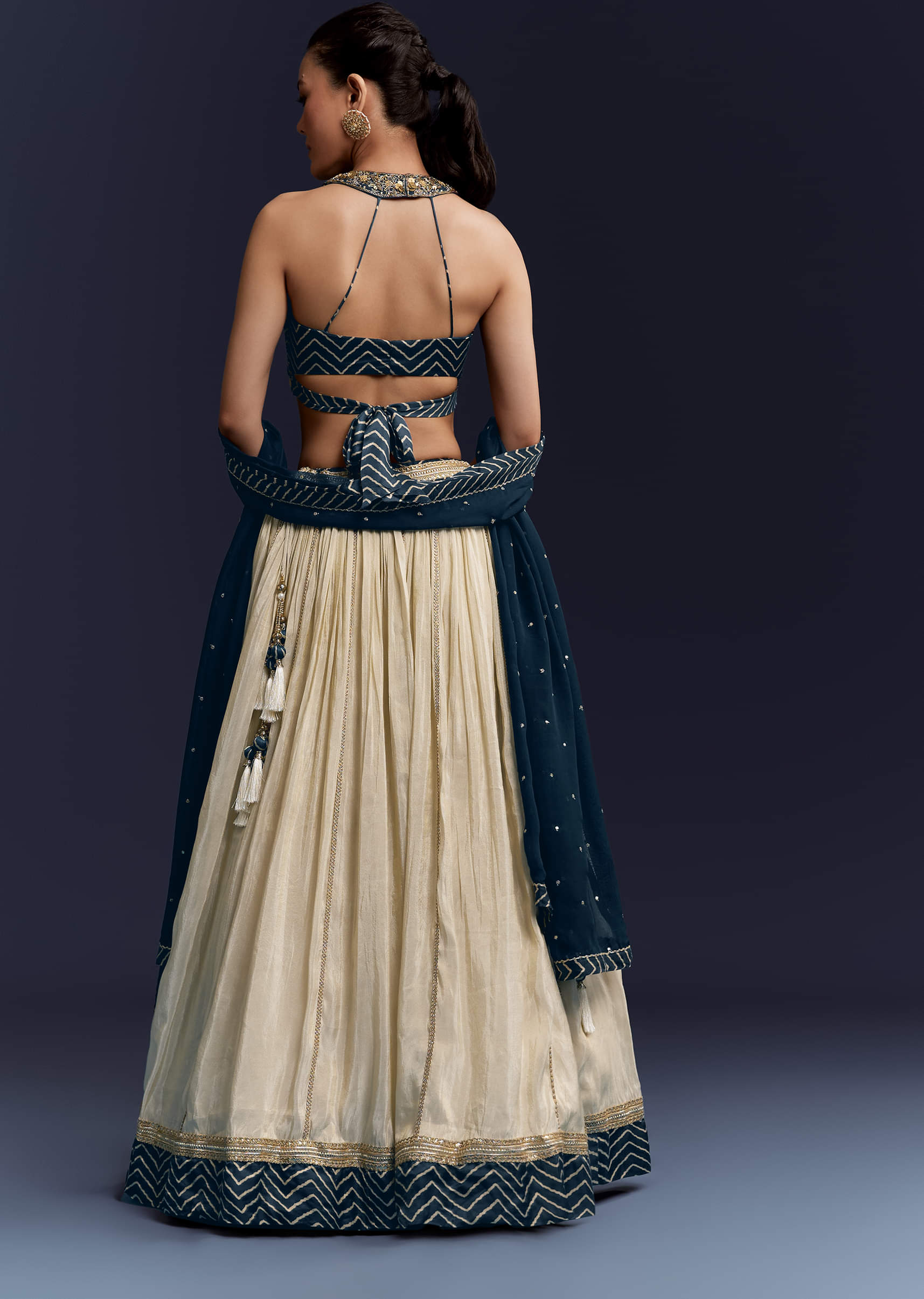 Navy Blue Satin Bridesmaid Lehenga With Hand Dyed Chevron Print Choli Navy Blue Satin Bridesmaid Lehenga With Hand Dyed Chevron Print Choli