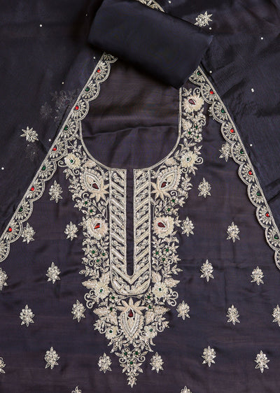Navy Blue Satin Unstitched Suit With Dupatta