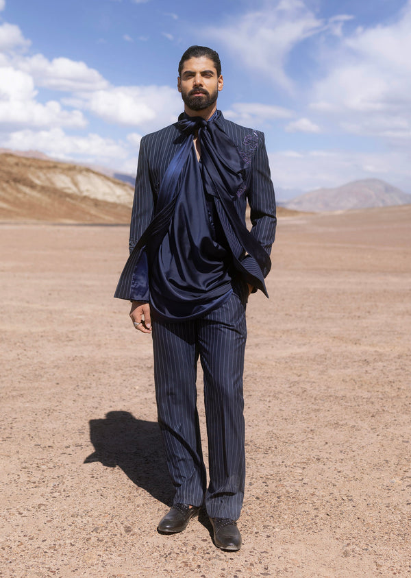 Navy Blue Self Embroidered Indo Western Blazer Set