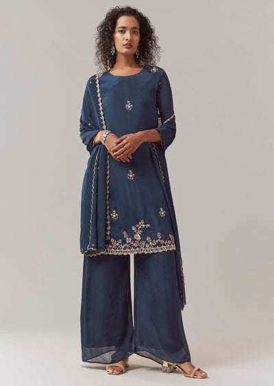 Navy Blue Sequin Work Chinon Kurta Palazzo Set