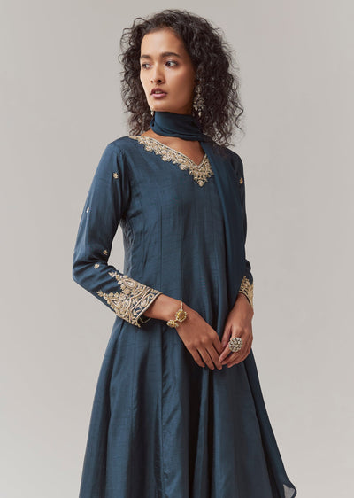 Navy Blue Silk Embellished Anarkali Set Navy Blue Silk Embellished Anarkali Set