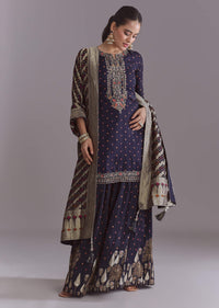 Navy Blue Silk Palazzo Suit With Embroidery And Brocade Dupatta