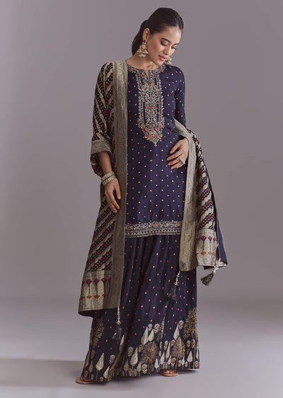 Navy Blue Silk Palazzo Suit With Embroidery And Brocade Dupatta