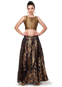 Navy blue skirt matched with gold crop top only on Kalki