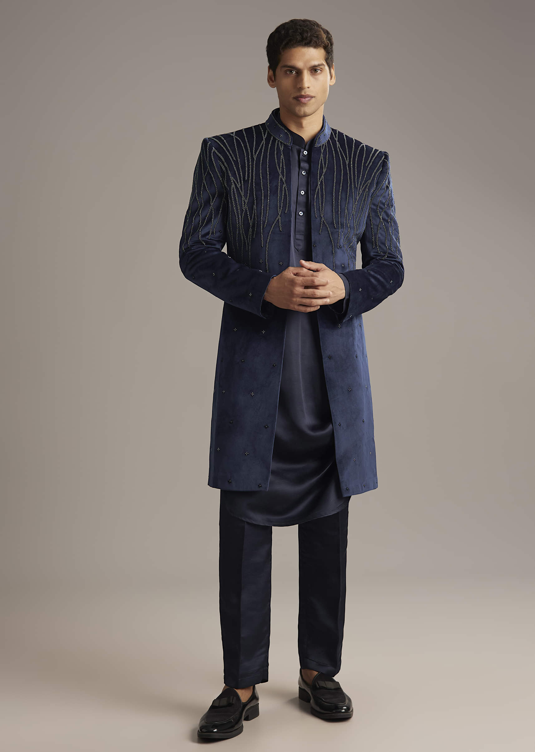 Navy Blue Velvet Indo Western Set For Men With Beads Work