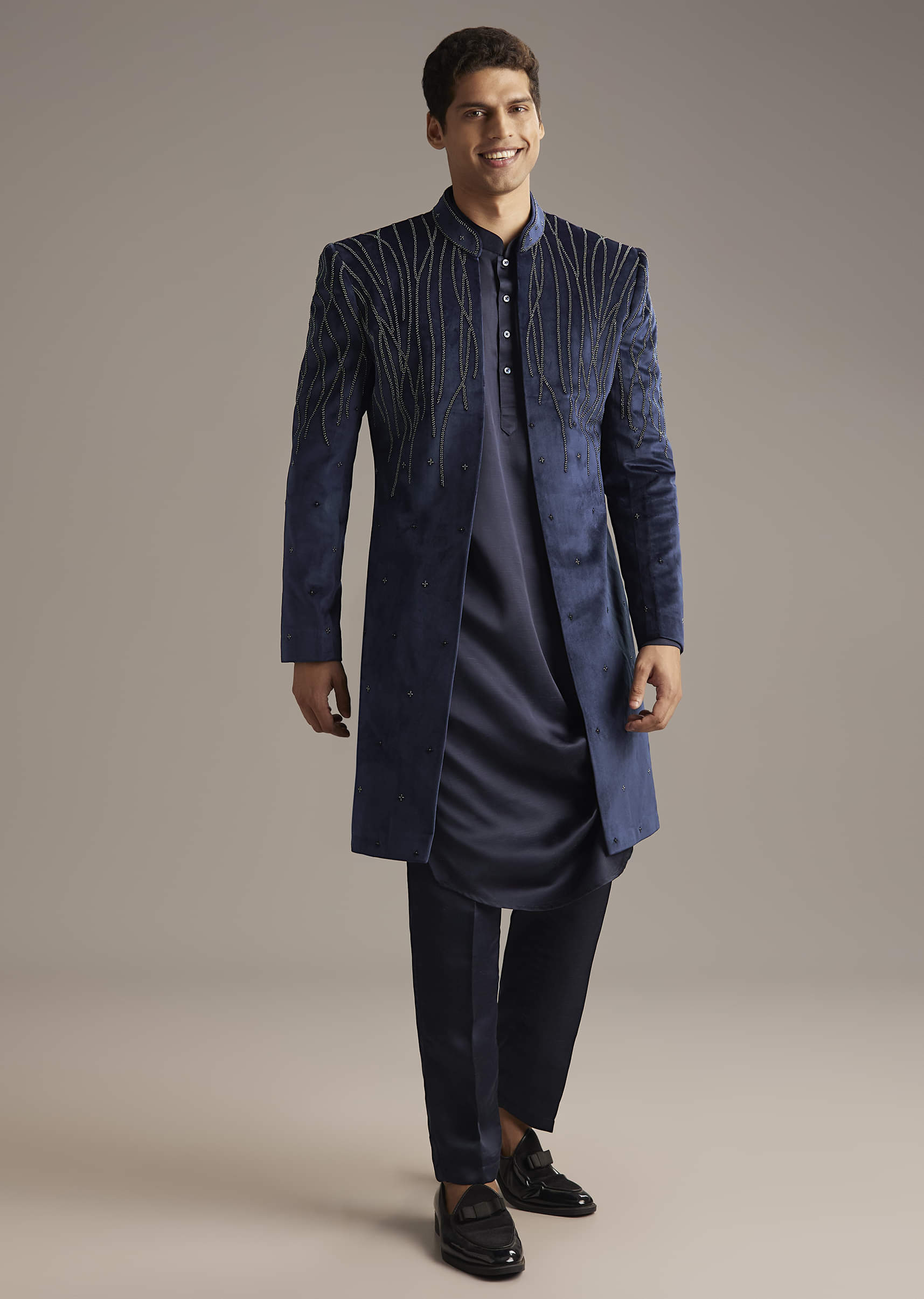 Navy Blue Velvet Indo Western Set For Men With Beads Work