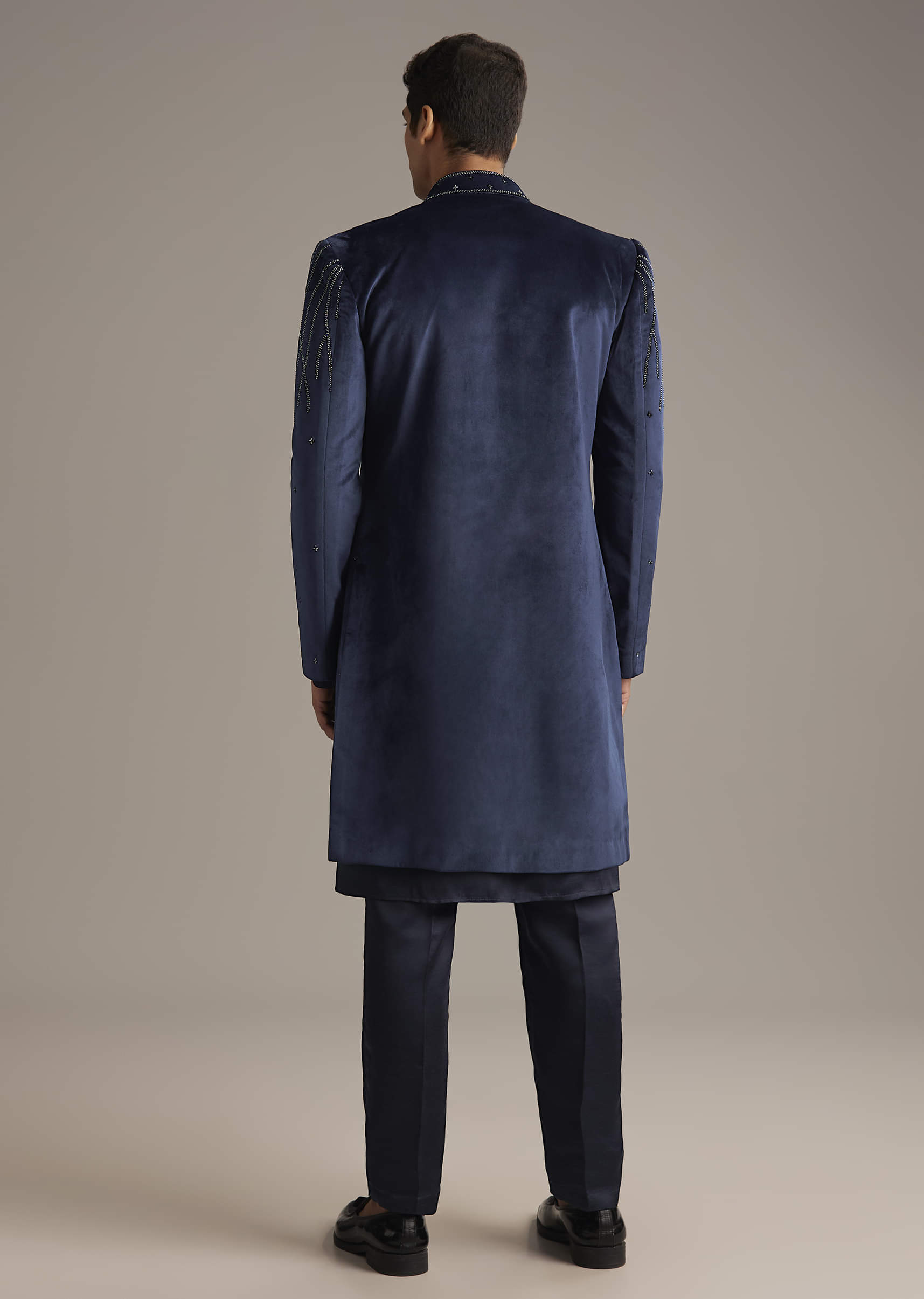 Navy Blue Velvet Indo Western Set For Men With Beads Work