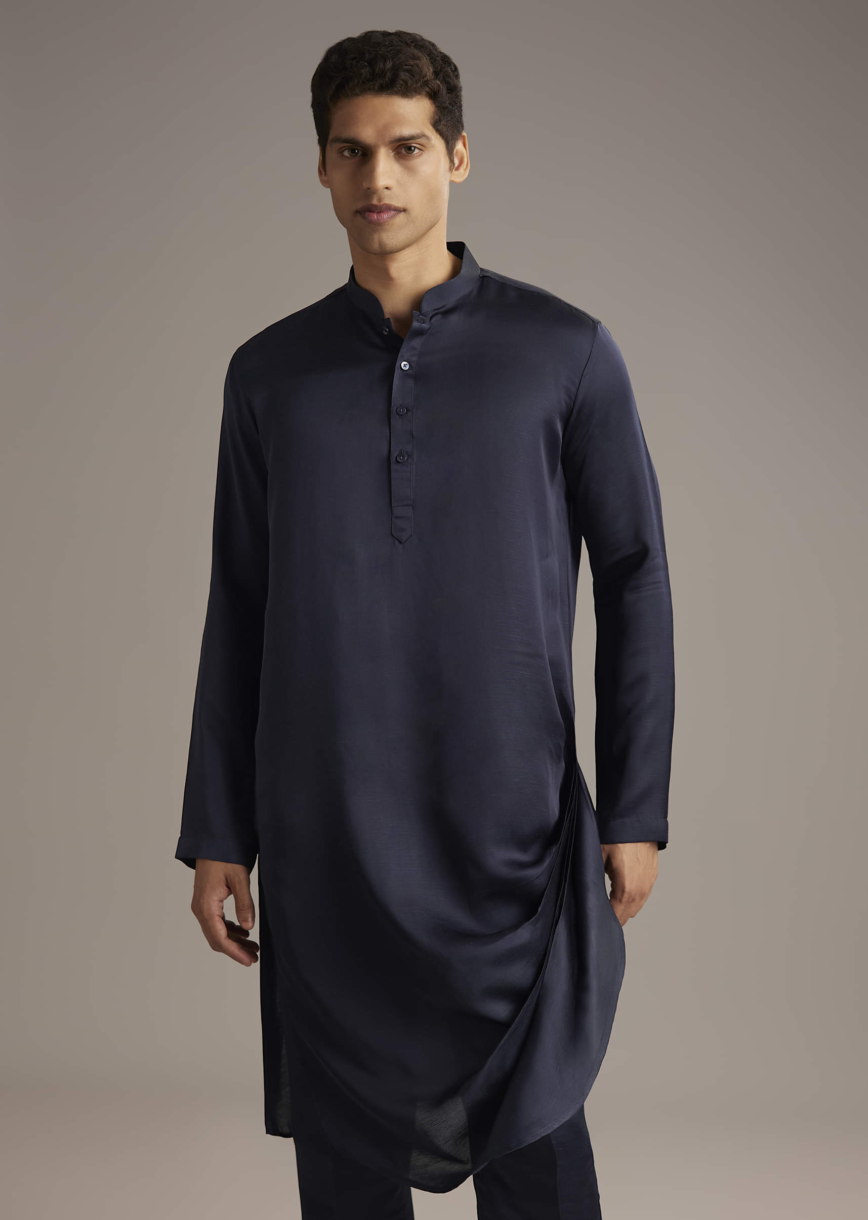 Navy Blue Velvet Indo Western Set For Men With Beads Work