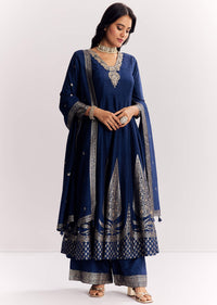 Navy Blue Weave Silk Anarkali Suit With Dupatta