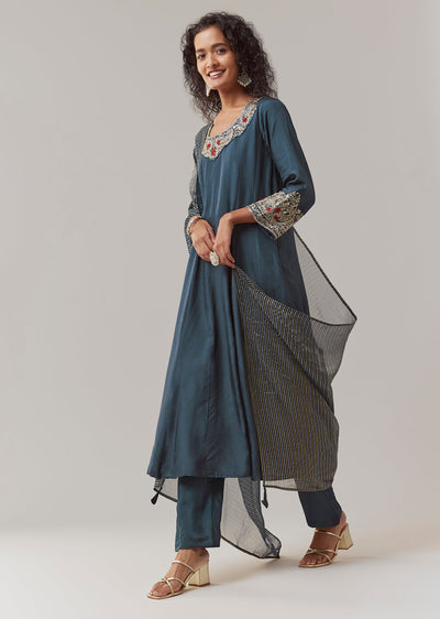 Navy Blue Zardozi Embellished Anarkali Set